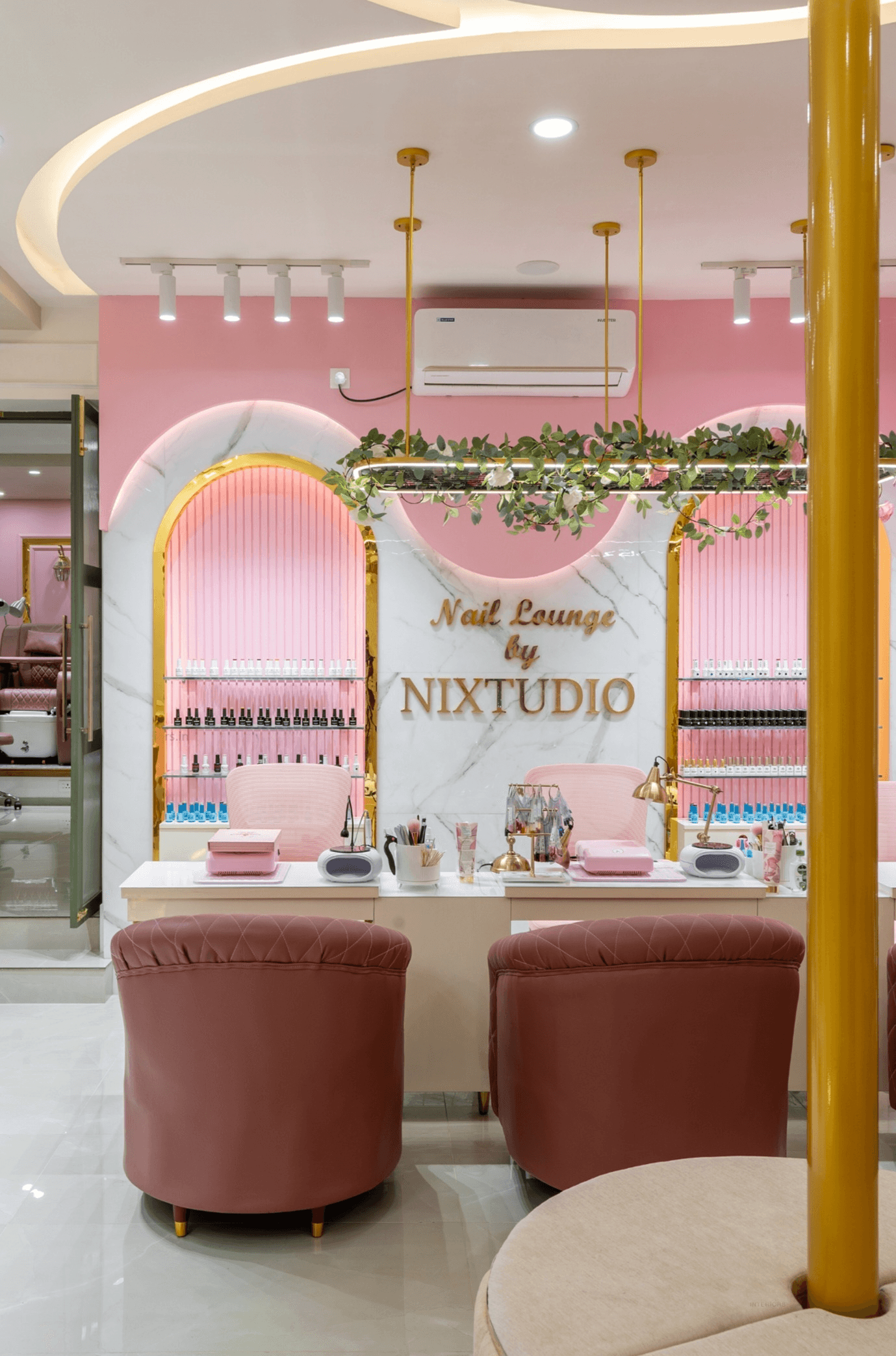 NIXTUDIO Nail Lounge interior — luxury makeup studio in Pala Kerala